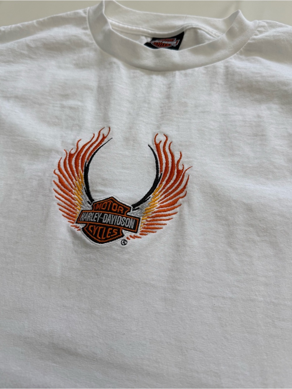 Harley-Davidson Embroidered White Tee with Orange & Yellow Flame Wing Logo
